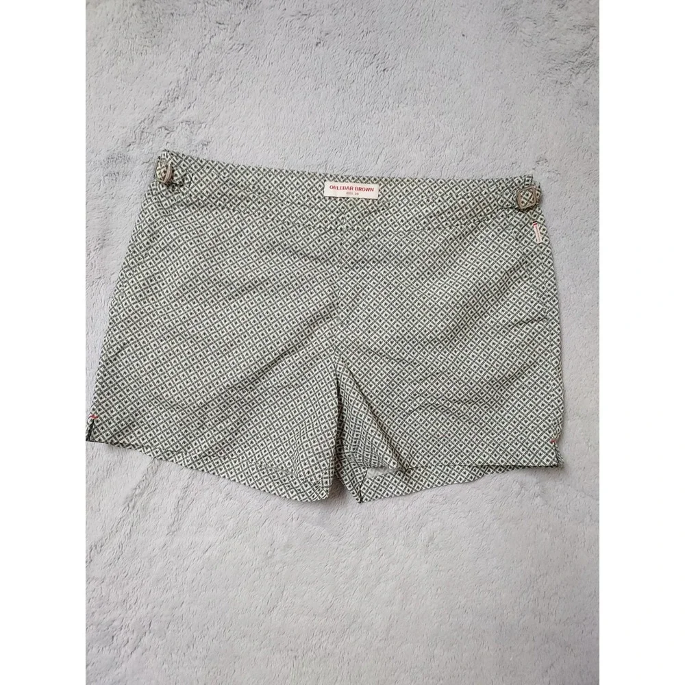 Orlebar Brown Swim Short Mens 38 Bulldog  Geometric Print Green Adjustable Waist